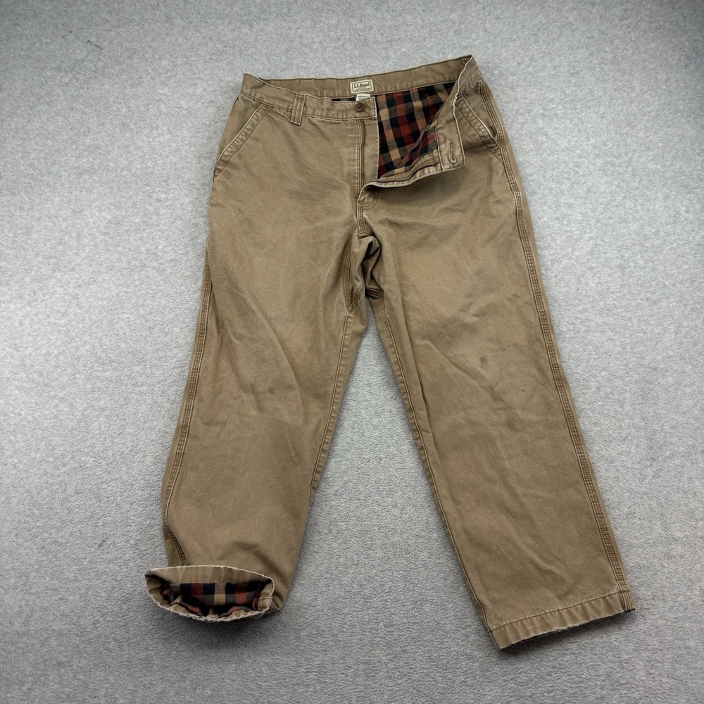 LL Bean Pants Mens 34x30 Beige Flannel Lined Relaxed Fit Straight Leg Workwear